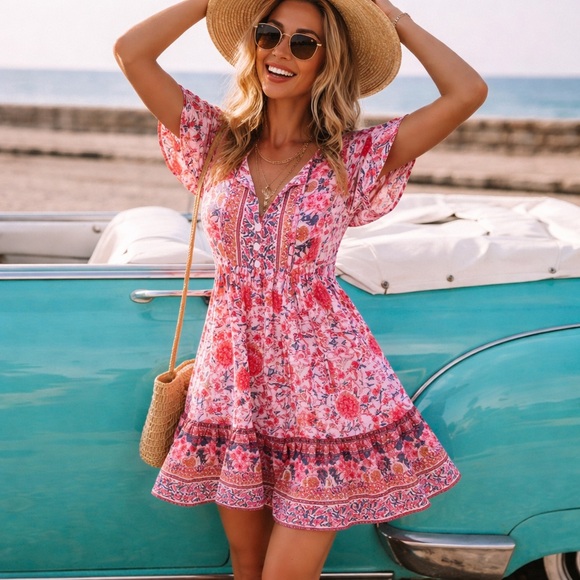 WILA Dresses & Skirts - LAST 1 boho gypsy floral print short sleeve mini dress pink